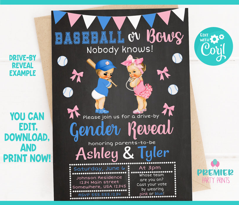 Baseball or Bows Gender Reveal Invitation Light Tone