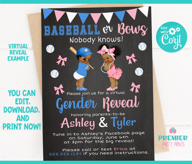 Baseballs or Bows Invitation Gender Reveal Invitation Brown Tone
