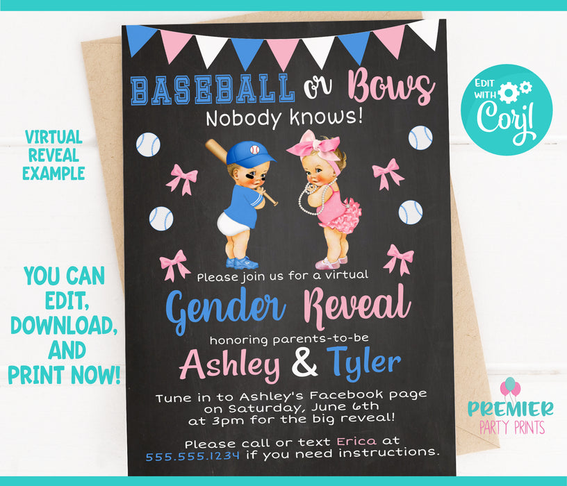 Baseball or Bows Gender Reveal Invitation Light Tone