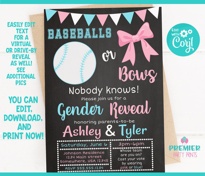 Editable Instant Access/Download Baseball or Bows Gender Reveal Invitation Version 1