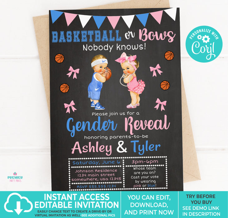 Editable Instant Access/Download Basketball or Bows Gender Reveal Invitation Light Tone Version 1