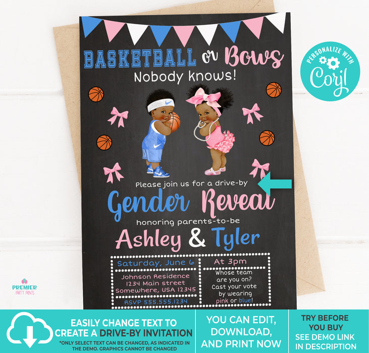 Editable Instant Access/Download Basketball or Bows Gender Reveal Invitation Brown Tone Version 1