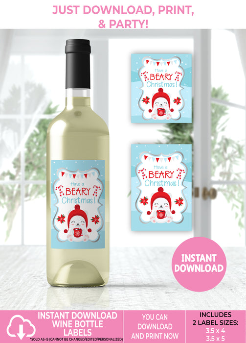 Instant Download Beary Christmas Wine Bottle Label-CS001