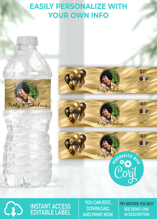 Editable Instant Access/Download Black & Gold Birthday Water Bottle Label w/Pic