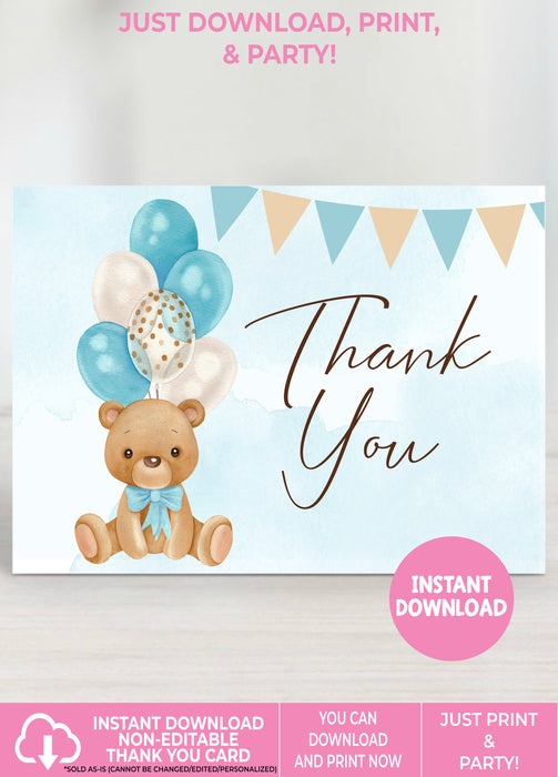  Blue Teddy Bear Baby Shower Thank You Card