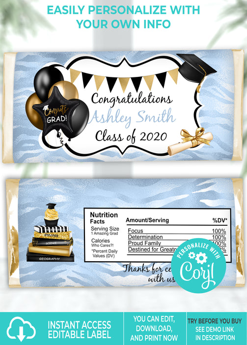 Editable Instant Access/Download Blue & White Graduation Candy Bar Wrapper