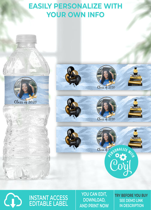 Blue and White Printable Graduation Water Bottle Label