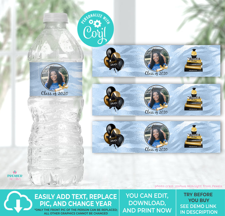 Blue and White Printable Graduation Water Bottle Label