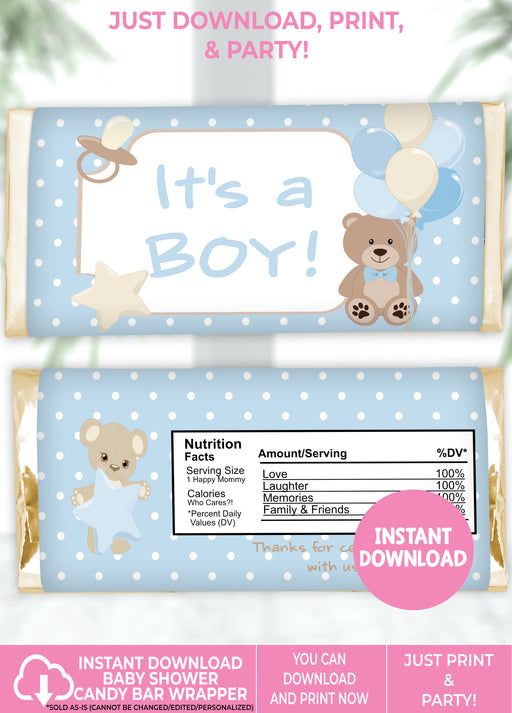 Boy Teddy Bear Baby Shower Candy Bar Wrapper