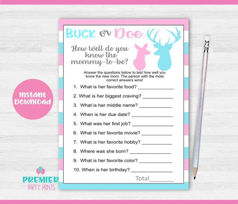  Buck or Doe Mommy to Be Gender Reveal Game