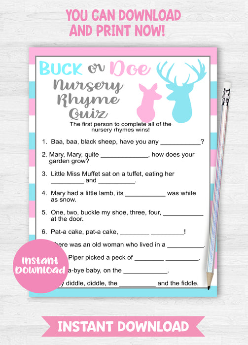 Buck or Doe Nursery Rhyme Quiz Gender Reveal Game