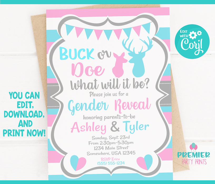 Editable Instant Access/Download Buck or Doe Gender Reveal Invitation
