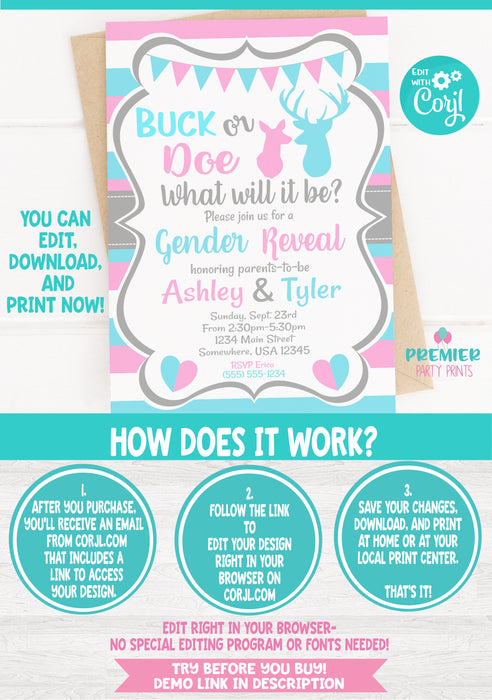 Editable Instant Access/Download Buck or Doe Gender Reveal Invitation Instructions