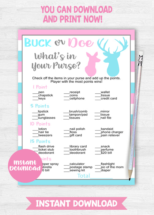 Buck or Doe What's in Your Purse Gender Reveal Game