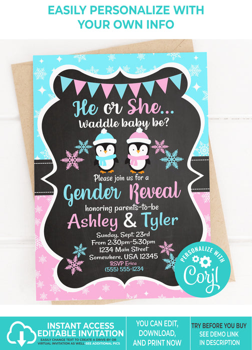Waddle Baby Be Christmas Penguin Gender Reveal Invitation Version 2 