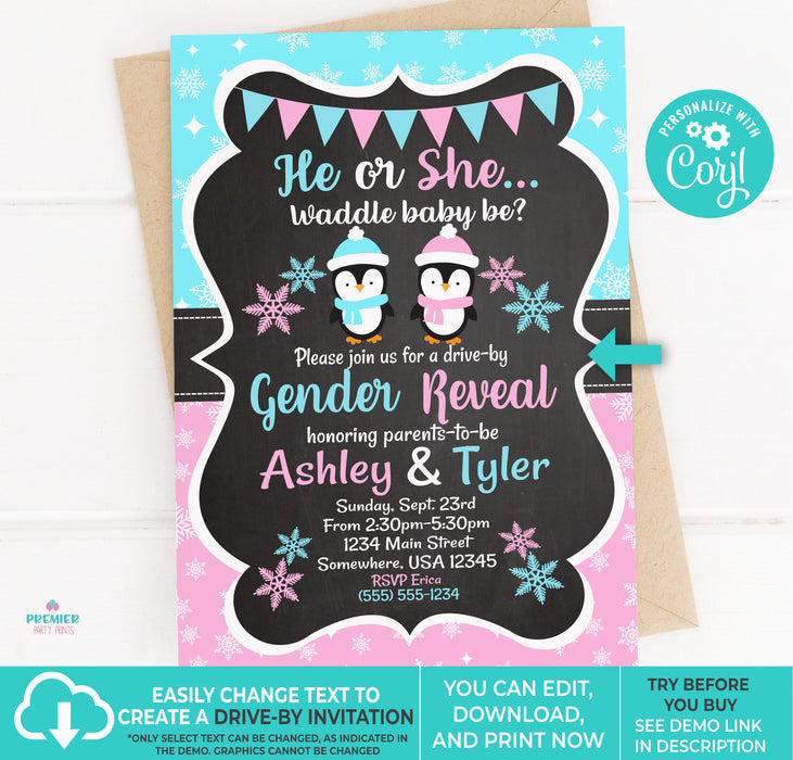 Waddle Baby Be Christmas Penguin Gender Reveal Invitation Version 2