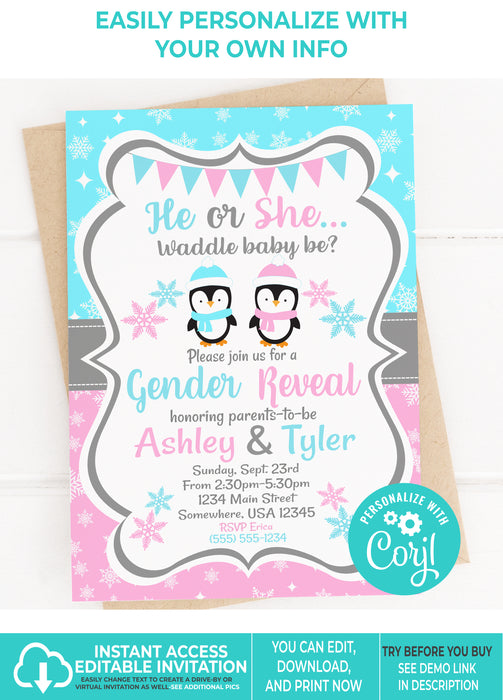 Waddle Baby Be Christmas Penguin Gender Reveal Invitation
