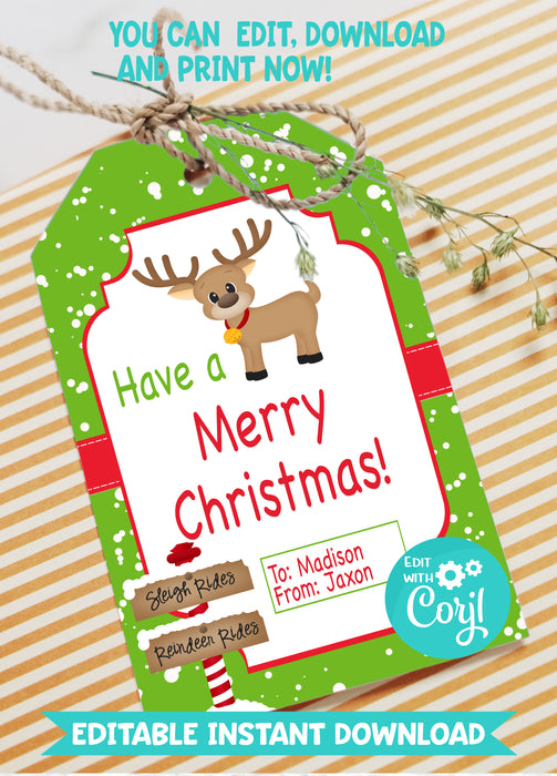 Editable Instant Access/Download Christmas Reindeer Gift Tags