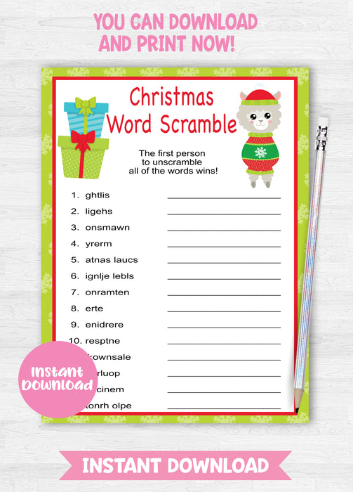 Christmas Llama Word Scramble Game
