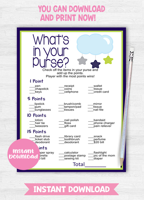 Twinkle Twinkle Little Star What's in Your Purse Baby Shower Game