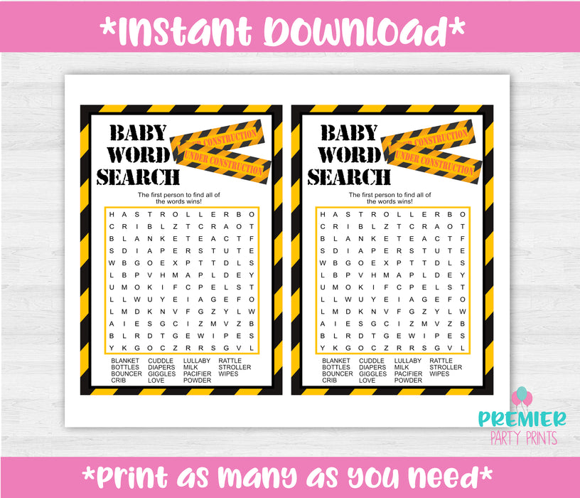 Construction Baby Word Search Game Instructions