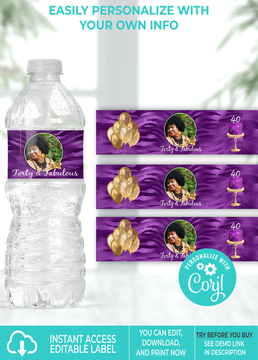 Dark Purple & Gold (Colors Cannot Be Changed) Birthday Water Bottle Label