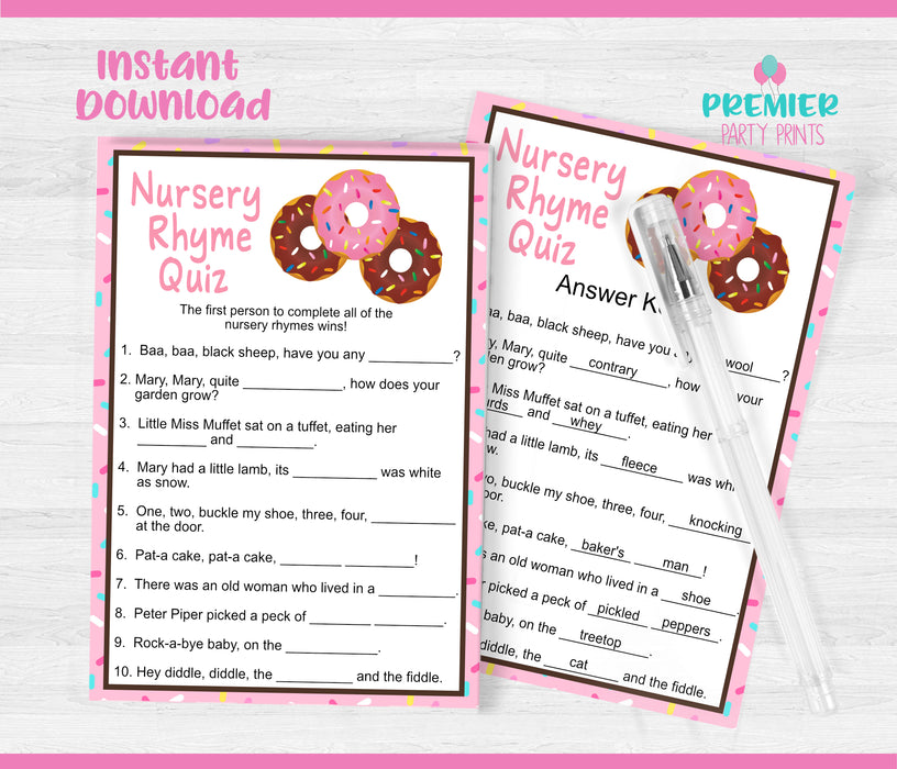 Donut Nursery Rhyme Quiz Baby Shower Game