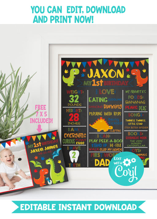 Editable Instant Access/Download Dinosaur First Birthday 8x10 Sign