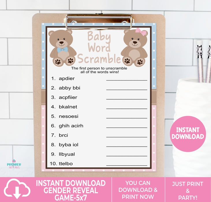Teddy Bear Baby Word Scramble Gender Reveal Game