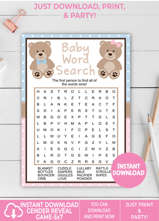 Teddy Bear Baby Word Search Gender Reveal Game