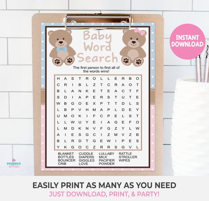 Teddy Bear Baby Word Search Gender Reveal Game