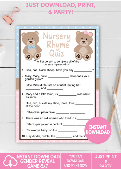 Teddy Bear Nursery Rhyme Quiz Gender Reveal Game