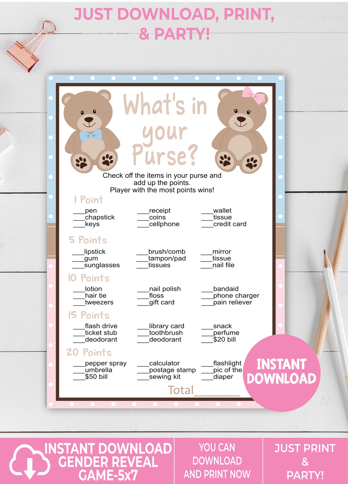 Instant Download Teddy Bear What's in Your Purse Gender Reveal Game-GR ...