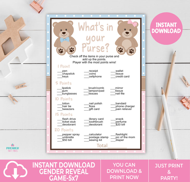 Teddy Bear What's in Your Purse Gender Reveal Game