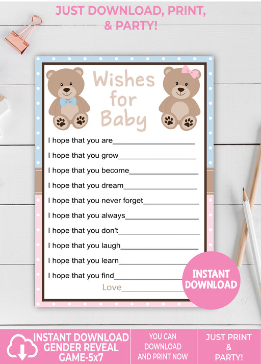 Teddy Bear Gender Reveal Wishes for Baby Printable