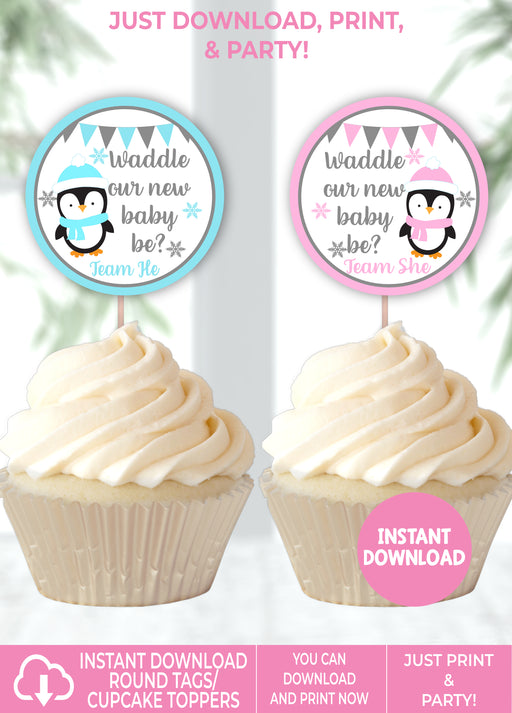 Waddle Baby Be Christmas/Winter Gender Reveal 2in Round Tags/Cupcake Toppers Version 1 Team He/She