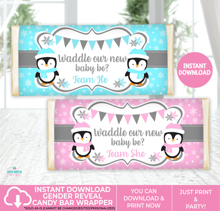  Waddle Baby Be Christmas/Winter Gender Reveal Candy Bar Wrapper Version 1 Team He/She
