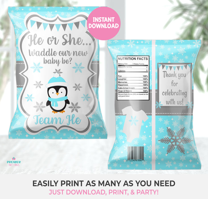 Instant Download Waddle Baby Be Christmas/Winter Gender Reveal Chip Bag Version 1 Team He/She -GR009