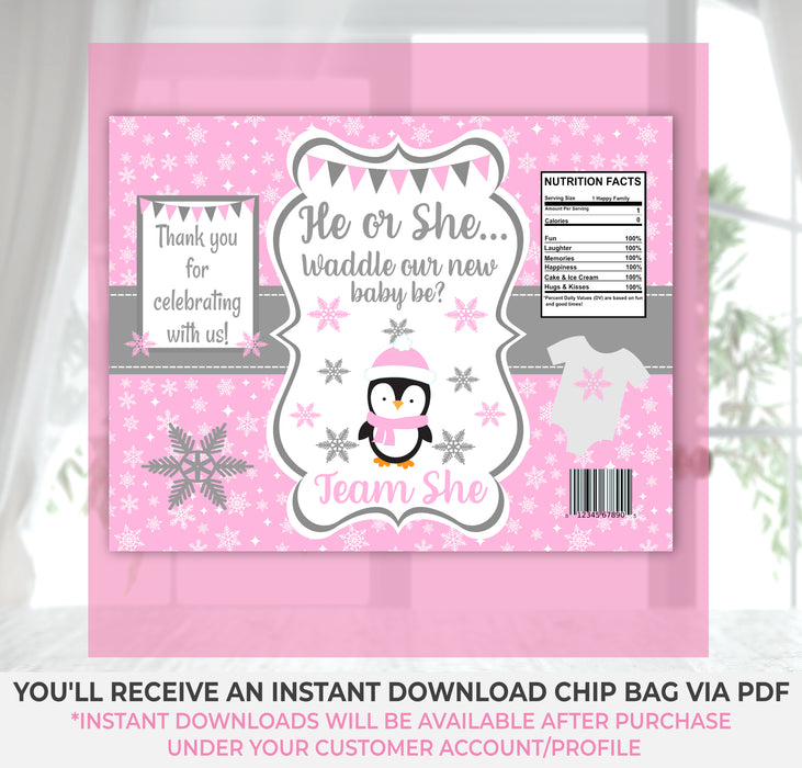 Instant Download Waddle Baby Be Christmas/Winter Gender Reveal Chip Bag Version 1 Team He/She -GR009