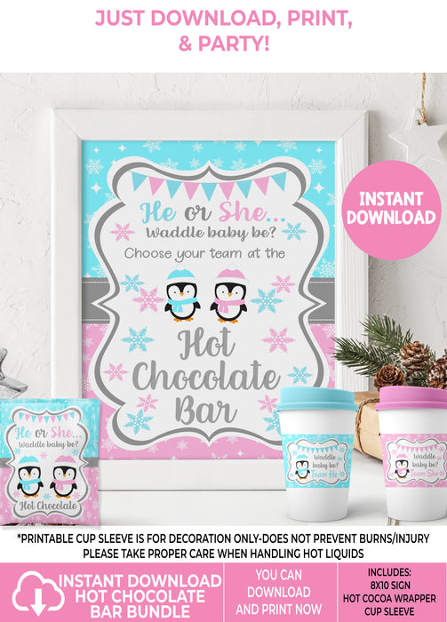 Waddle Baby Be Penguin Gender Reveal Printable Hot Chocolate Bar Bundle
