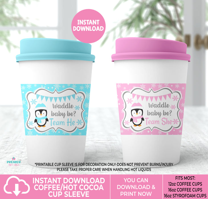 Waddle Baby Be Penguin Gender Reveal Printable Coffee Cup Sleeve