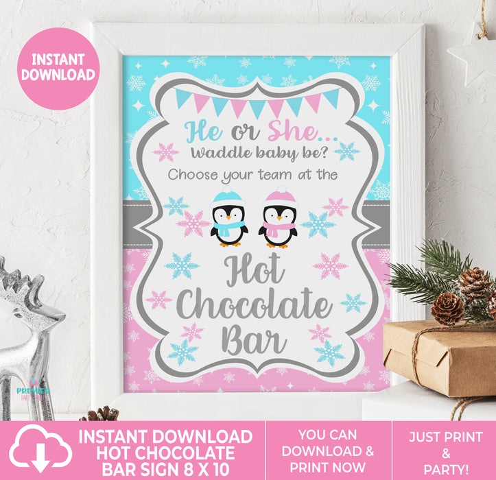 Waddle Baby Be Penguin Gender Reveal Printable Hot Chocolate Bar Sign 8x10