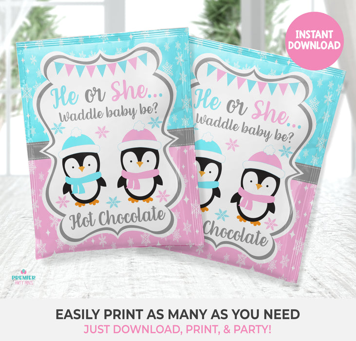 Waddle Baby Be Penguin Gender Reveal Printable Hot Chocolate Wrapper