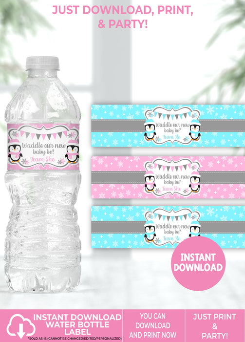 Instant Download Waddle Baby Be Christmas/Winter Gender Reveal Water Bottle Label Version 1 Team He/She-GR009