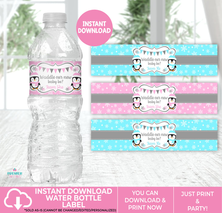 Instant Download Waddle Baby Be Christmas/Winter Gender Reveal Water Bottle Label Version 1 Team He/She-GR009
