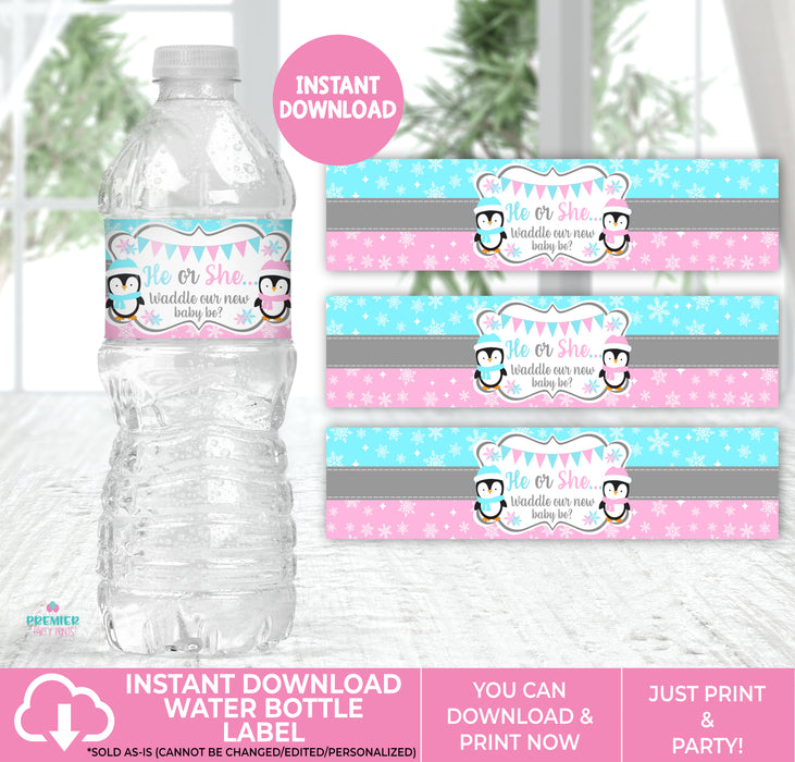  Waddle Baby Be Christmas/Winter Gender Reveal Water Bottle Label Version 1