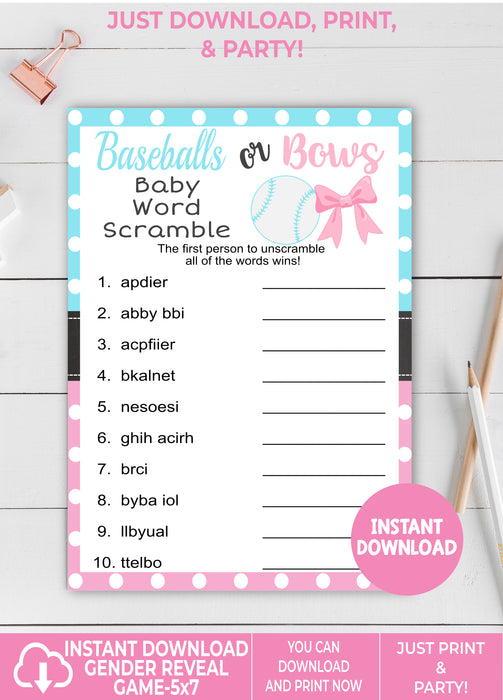 Printable Baseballs or Bows Baby Word Scramble Gender Reveal Game