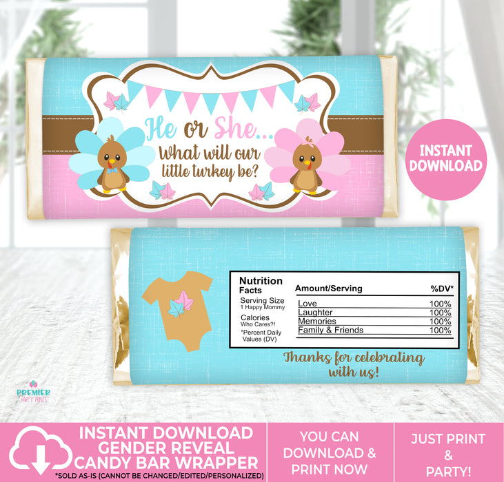 Editable Instant Access/Download Little Turkey Thanksgiving Gender Reveal Candy Bar Wrapper Vers 1-GR028