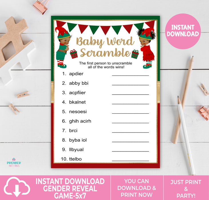 What the Elf Christmas/Winter Baby Word Scramble Gender Reveal Game Brown Tone