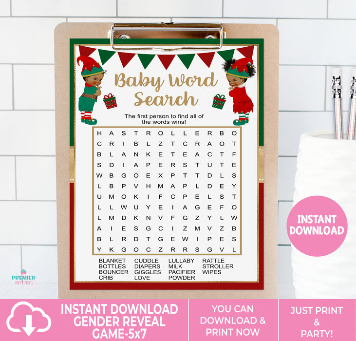 What the Elf Christmas/Winter Baby Word Search Gender Reveal Game Brown Tone